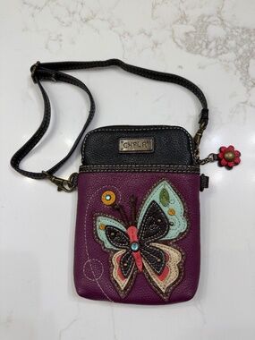 NEW CHALA BLACK PURPLE MOTH INSECT CELL PHONE CROSSBODY PURSE ADJ STRAP